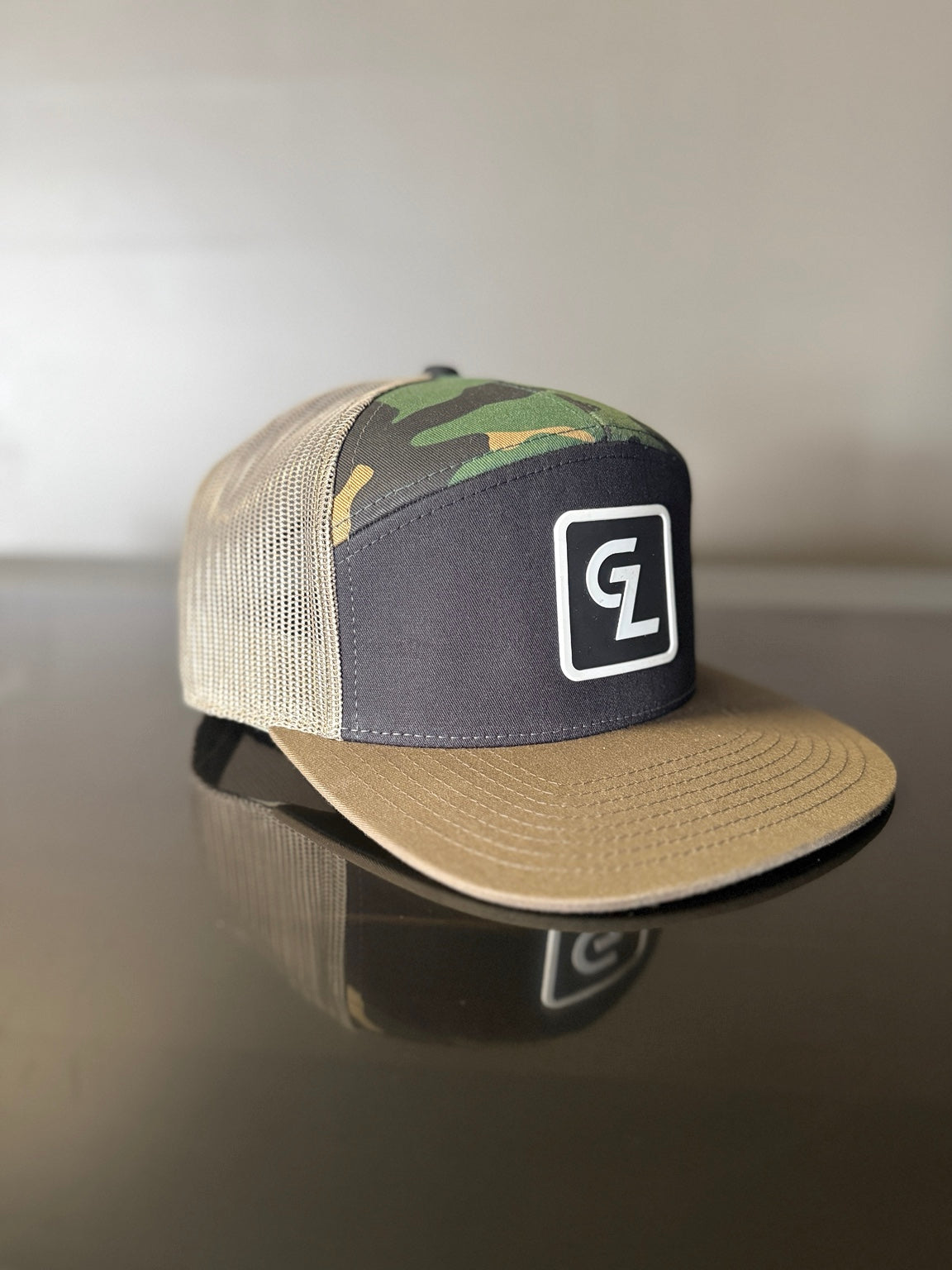 Ghostline seven-panel hat with camouflage crown, tan brim and GL patch